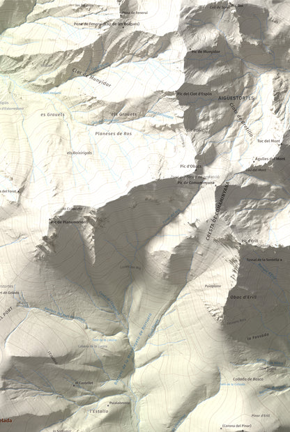 Mapa de relieve de Cap de Gelada, 2449 m, Alta Ribagorça, lámina 100 Cims de Trobart. Detalle de la zona superior derecha. 61 × 91 cm.