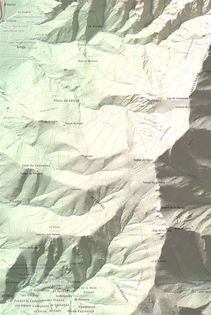 Mapa de relieve de Cap de Gelada, 2449 m, Alta Ribagorça, lámina 100 Cims de Trobart. Detalle de la zona inferior izquierda. 61 × 91 cm.