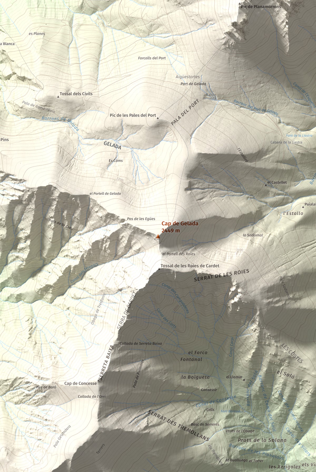 Mapa de relieve de Cap de Gelada, 2449 m, Alta Ribagorça, lámina 100 Cims de Trobart. Detalle de la zona central. 61 × 91 cm.