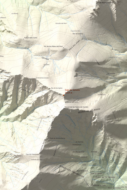 Mapa de relieve de Cap de Gelada, 2449 m, Alta Ribagorça, lámina 100 Cims de Trobart. Detalle de la zona central. 61 × 91 cm.