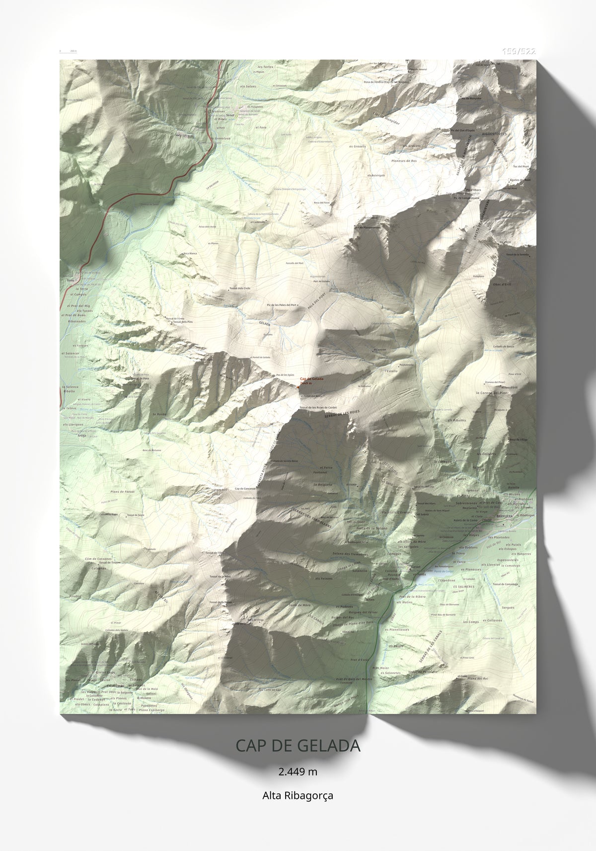 Mapa de relieve de Cap de Gelada, 2449 m, Alta Ribagorça, lámina 100 Cims de Trobart 70 × 100 cm.