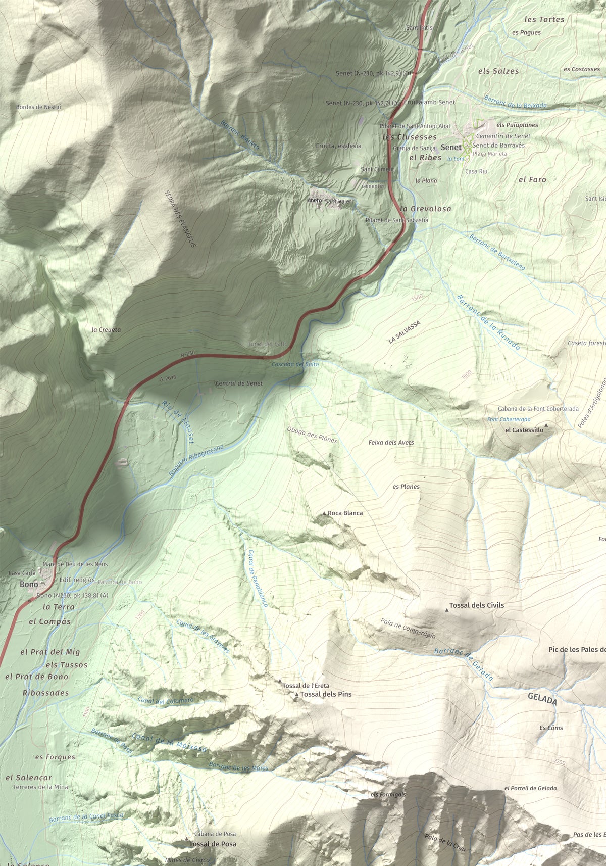 Mapa de relieve de Cap de Gelada, 2449 m, Alta Ribagorça, lámina 100 Cims de Trobart. Detalle de la zona superior izquierda. 70 × 100 cm.