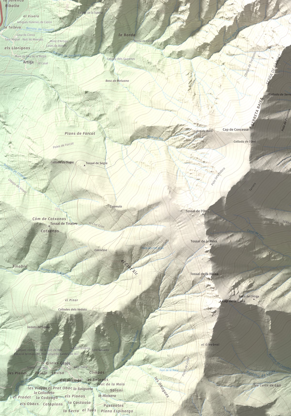 Mapa de relieve de Cap de Gelada, 2449 m, Alta Ribagorça, lámina 100 Cims de Trobart. Detalle de la zona inferior izquierda. 70 × 100 cm.