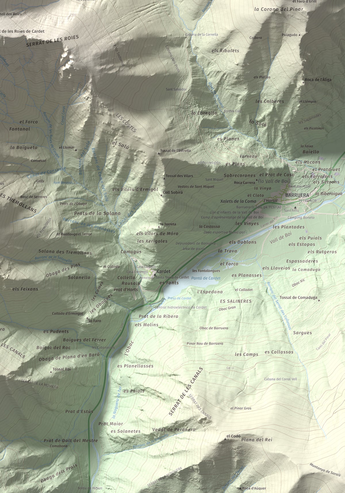 Mapa de relieve de Cap de Gelada, 2449 m, Alta Ribagorça, lámina 100 Cims de Trobart. Detalle de la zona inferior derecha. 70 × 100 cm.