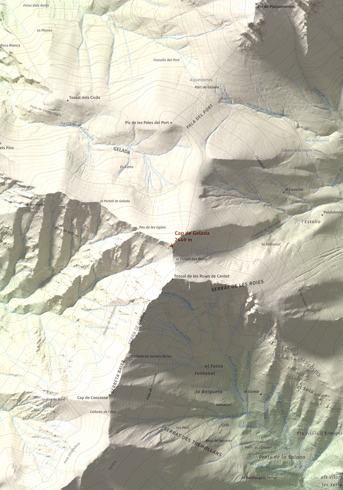 Mapa de relieve de Cap de Gelada, 2449 m, Alta Ribagorça, lámina 100 Cims de Trobart. Detalle de la zona central. 70 × 100 cm.