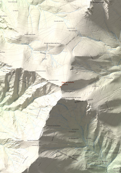 Mapa de relieve de Cap de Gelada, 2449 m, Alta Ribagorça, lámina 100 Cims de Trobart. Detalle de la zona central. 70 × 100 cm.