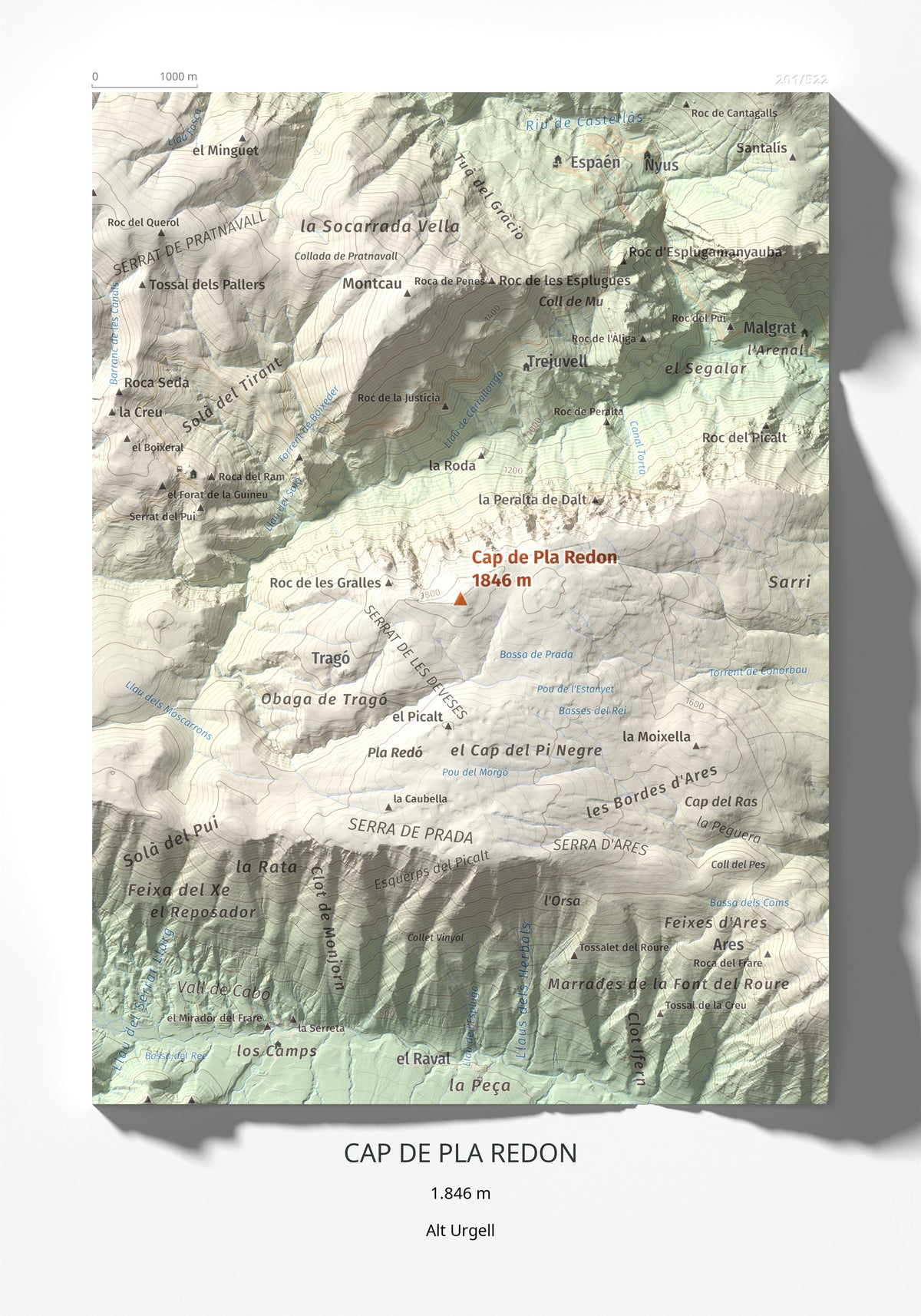 Mapa de relieve de Cap de Pla Redon, 1846 m, Alt Urgell, lámina 100 Cims de Trobart 21 × 30 cm.
