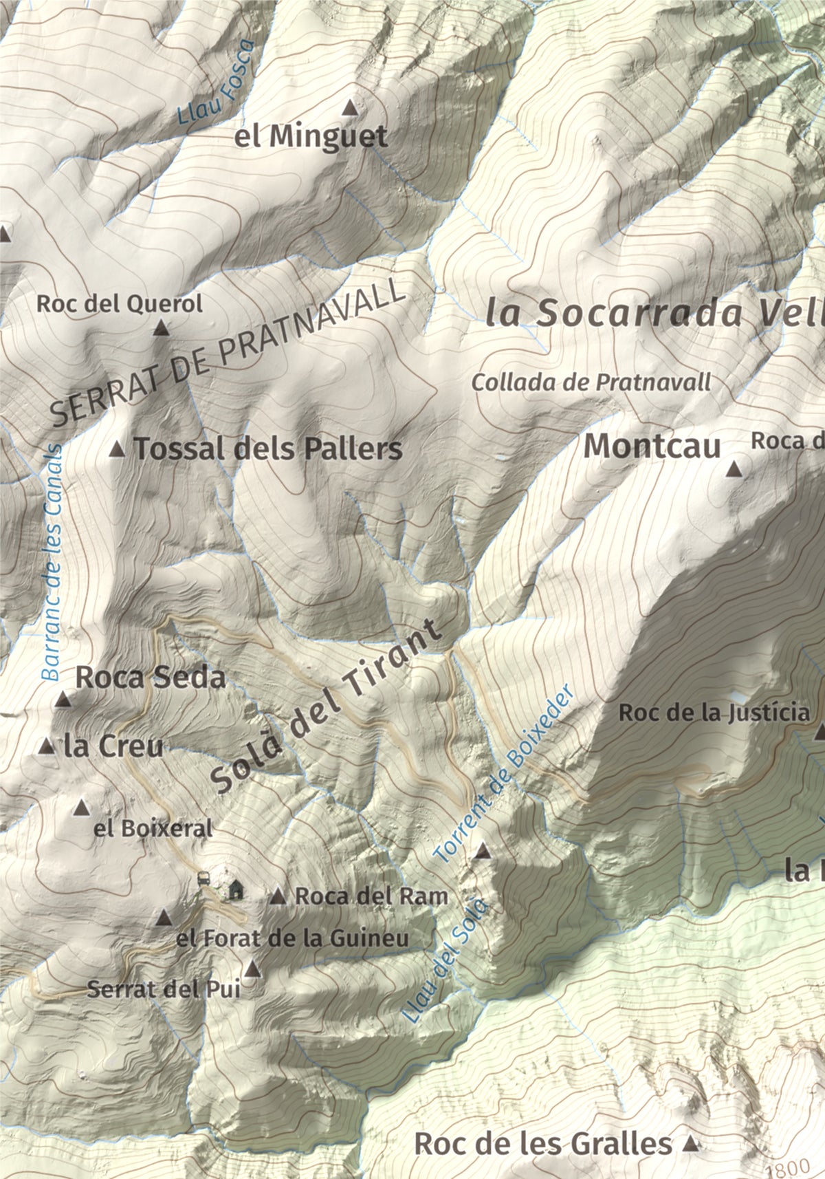 Mapa de relieve de Cap de Pla Redon, 1846 m, Alt Urgell, lámina 100 Cims de Trobart. Detalle de la zona superior izquierda. 21 × 30 cm.