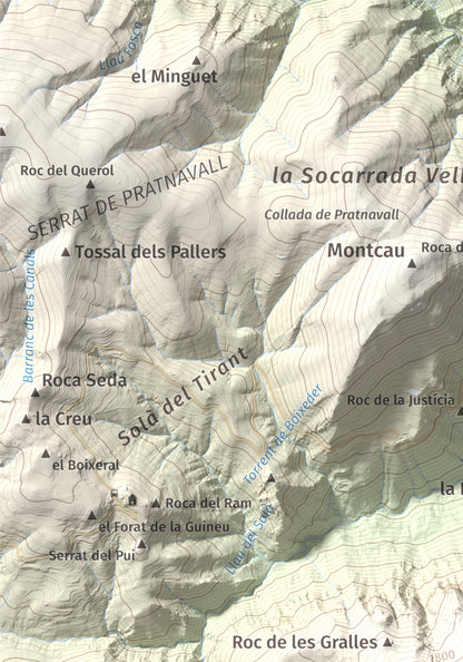 Mapa de relieve de Cap de Pla Redon, 1846 m, Alt Urgell, lámina 100 Cims de Trobart. Detalle de la zona superior izquierda. 21 × 30 cm.