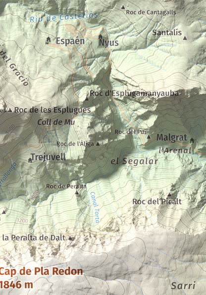 Mapa de relieve de Cap de Pla Redon, 1846 m, Alt Urgell, lámina 100 Cims de Trobart. Detalle de la zona superior derecha. 21 × 30 cm.