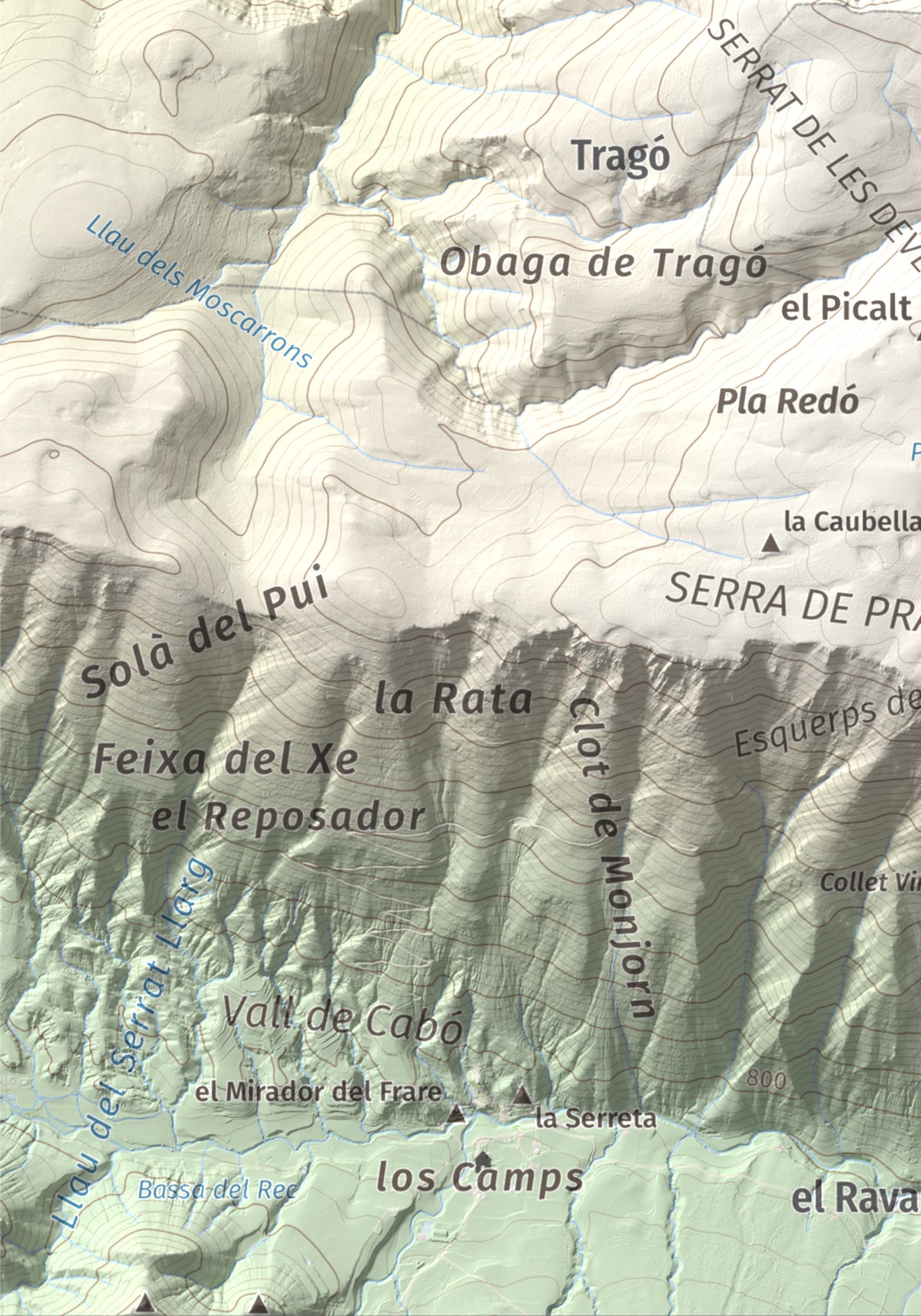 Mapa de relieve de Cap de Pla Redon, 1846 m, Alt Urgell, lámina 100 Cims de Trobart. Detalle de la zona inferior izquierda. 21 × 30 cm.