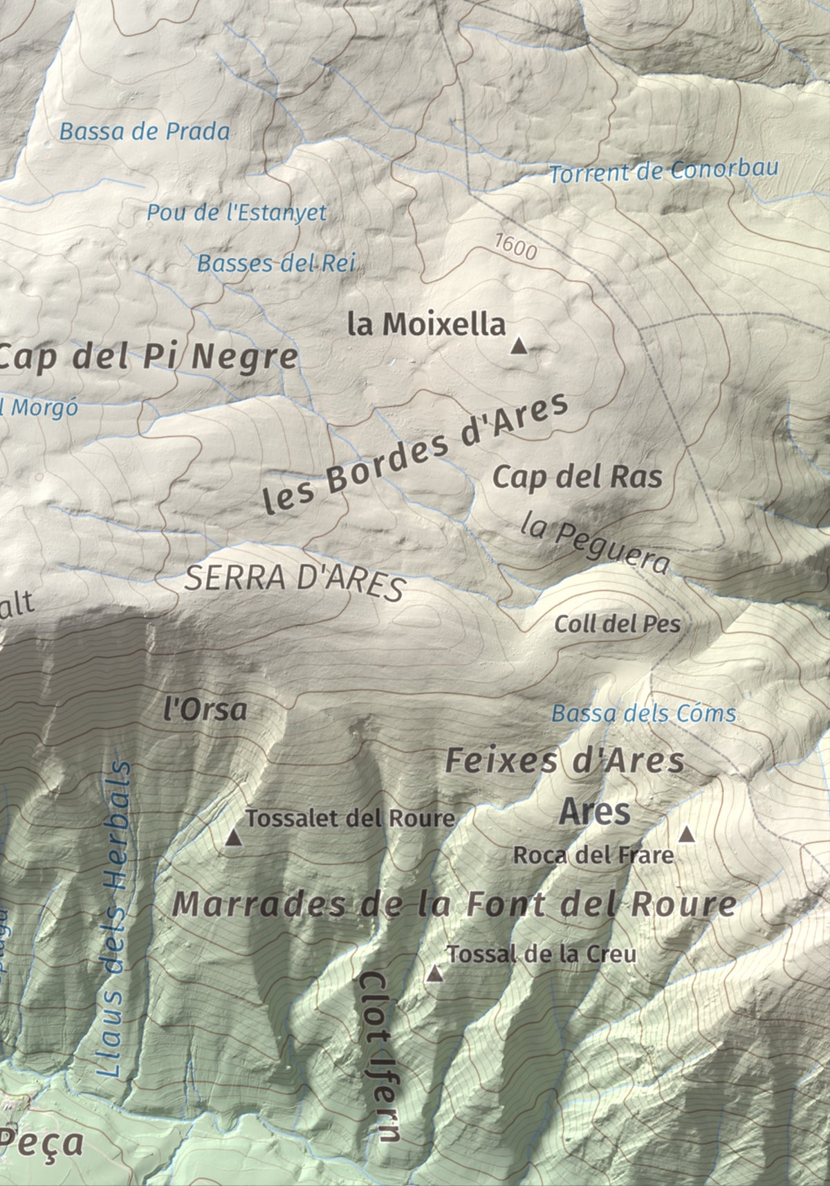 Mapa de relieve de Cap de Pla Redon, 1846 m, Alt Urgell, lámina 100 Cims de Trobart. Detalle de la zona inferior derecha. 21 × 30 cm.