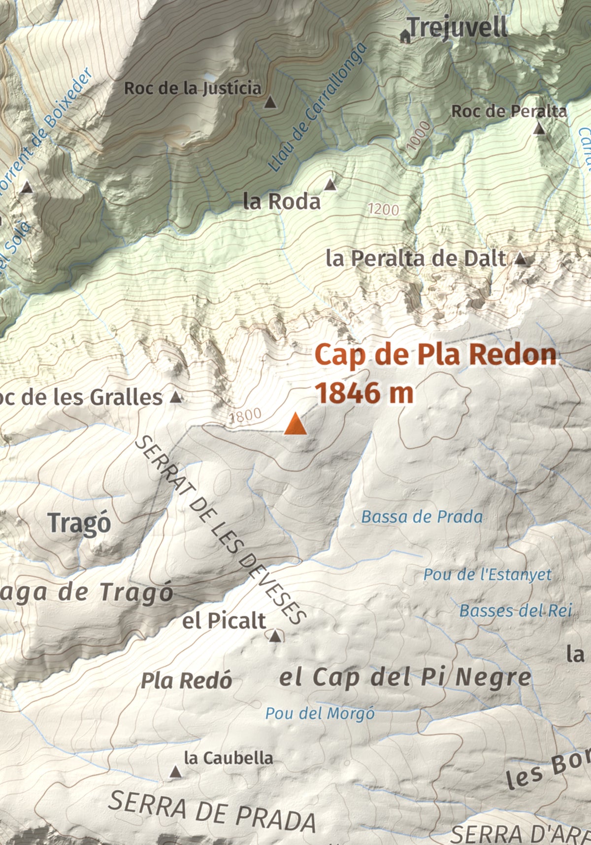 Mapa de relieve de Cap de Pla Redon, 1846 m, Alt Urgell, lámina 100 Cims de Trobart. Detalle de la zona central. 21 × 30 cm.