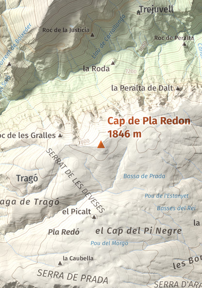 Mapa de relieve de Cap de Pla Redon, 1846 m, Alt Urgell, lámina 100 Cims de Trobart. Detalle de la zona central. 21 × 30 cm.