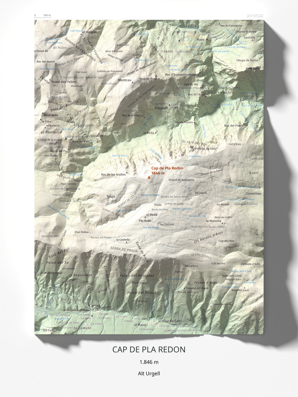 Mapa de relieve de Cap de Pla Redon, 1846 m, Alt Urgell, lámina 100 Cims de Trobart 30 × 40 cm.