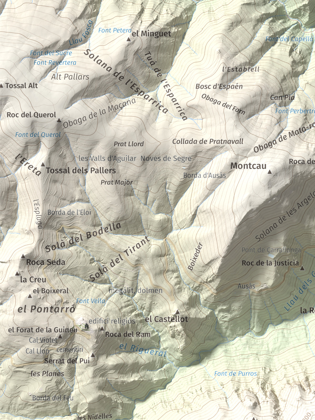 Mapa de relieve de Cap de Pla Redon, 1846 m, Alt Urgell, lámina 100 Cims de Trobart. Detalle de la zona superior izquierda. 30 × 40 cm.