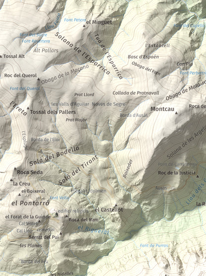 Mapa de relieve de Cap de Pla Redon, 1846 m, Alt Urgell, lámina 100 Cims de Trobart. Detalle de la zona superior izquierda. 30 × 40 cm.