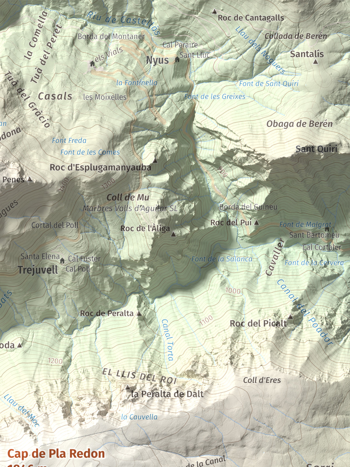 Mapa de relieve de Cap de Pla Redon, 1846 m, Alt Urgell, lámina 100 Cims de Trobart. Detalle de la zona superior derecha. 30 × 40 cm.