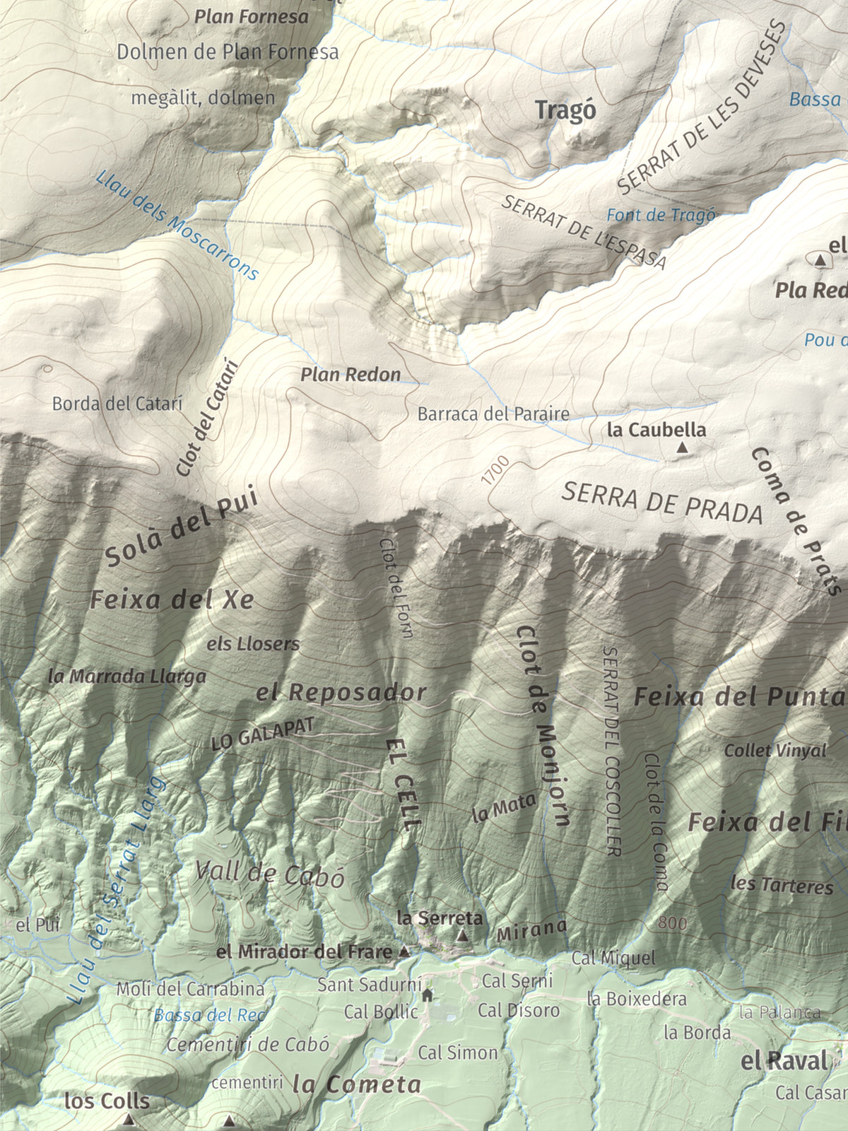 Mapa de relieve de Cap de Pla Redon, 1846 m, Alt Urgell, lámina 100 Cims de Trobart. Detalle de la zona inferior izquierda. 30 × 40 cm.