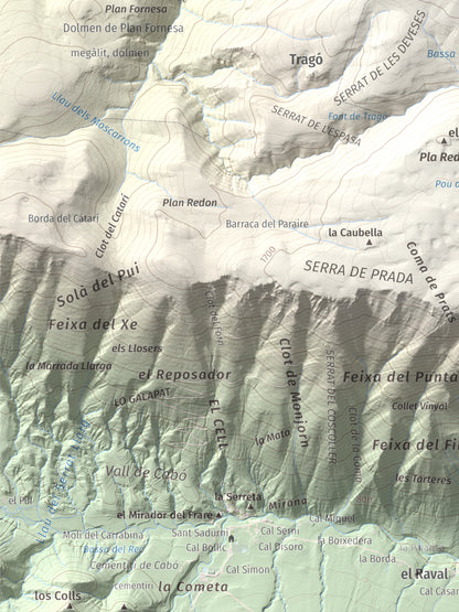 Mapa de relieve de Cap de Pla Redon, 1846 m, Alt Urgell, lámina 100 Cims de Trobart. Detalle de la zona inferior izquierda. 30 × 40 cm.