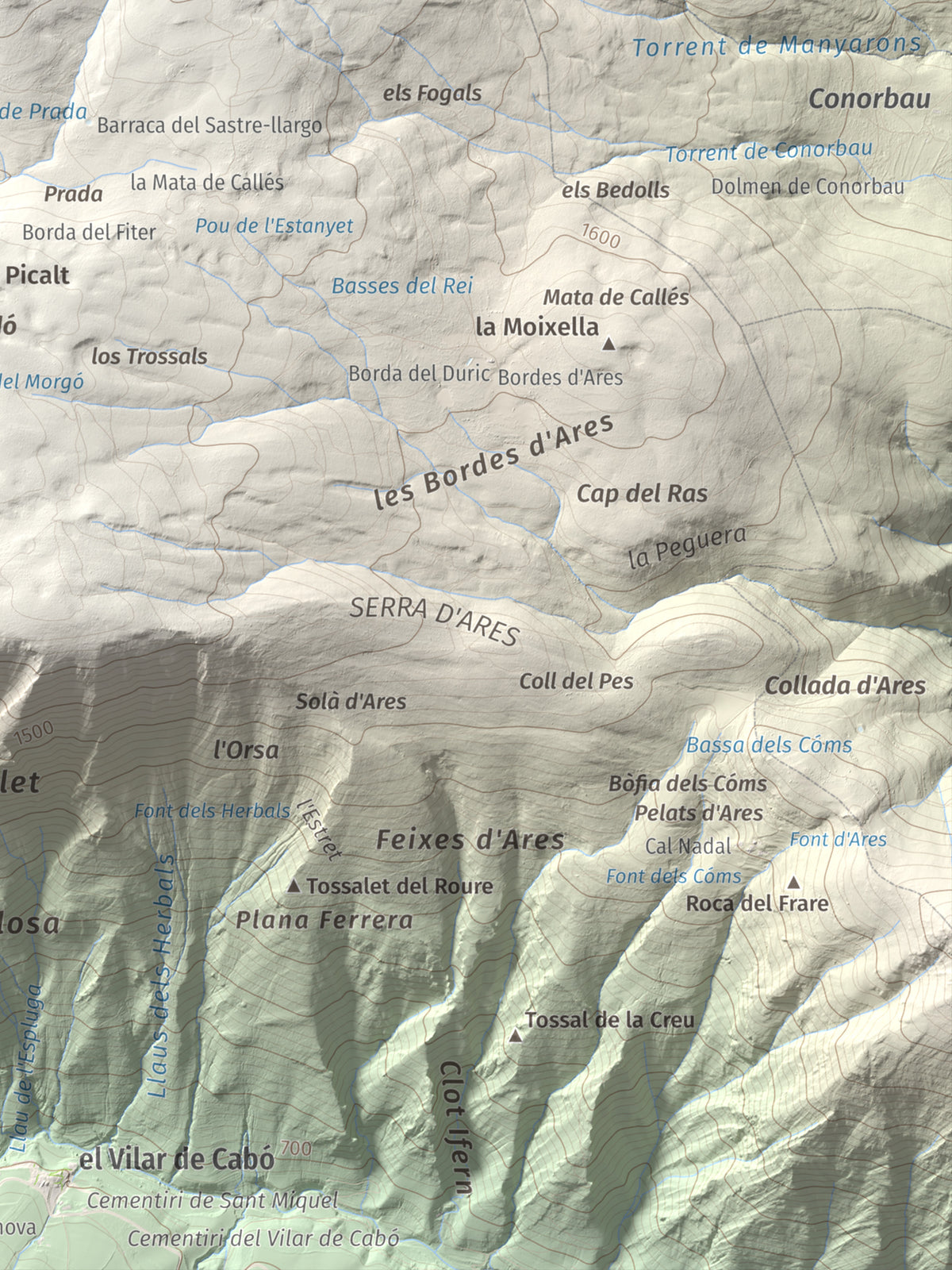 Mapa de relieve de Cap de Pla Redon, 1846 m, Alt Urgell, lámina 100 Cims de Trobart. Detalle de la zona inferior derecha. 30 × 40 cm.