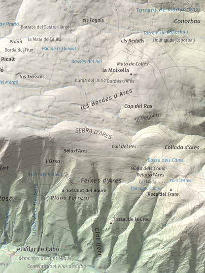 Mapa de relieve de Cap de Pla Redon, 1846 m, Alt Urgell, lámina 100 Cims de Trobart. Detalle de la zona inferior derecha. 30 × 40 cm.