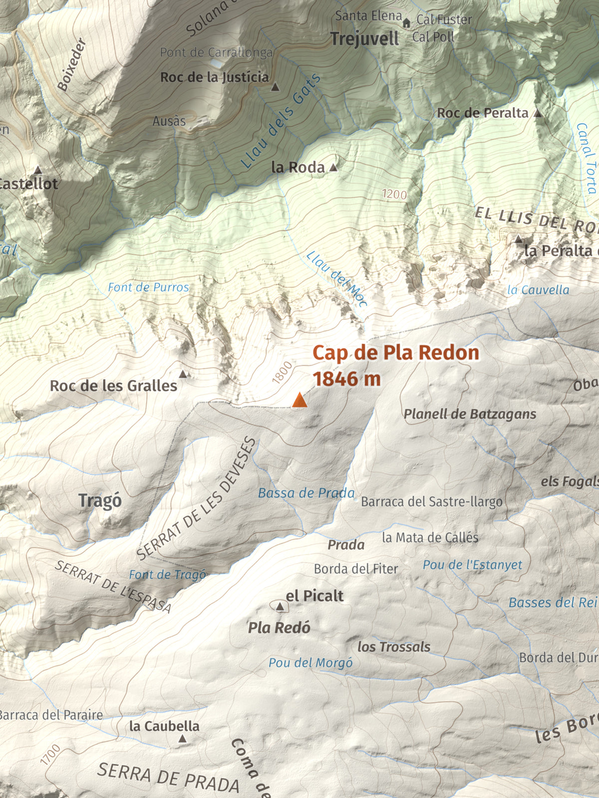 Mapa de relieve de Cap de Pla Redon, 1846 m, Alt Urgell, lámina 100 Cims de Trobart. Detalle de la zona central. 30 × 40 cm.