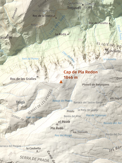 Mapa de relieve de Cap de Pla Redon, 1846 m, Alt Urgell, lámina 100 Cims de Trobart. Detalle de la zona central. 30 × 40 cm.