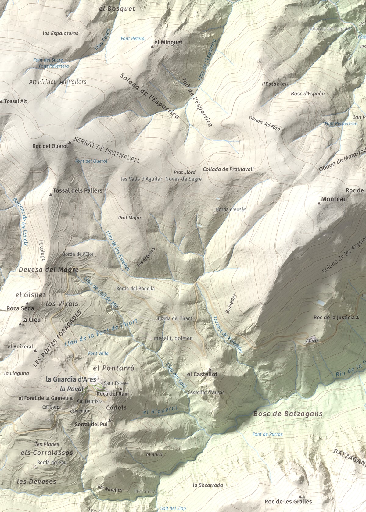 Mapa de relieve de Cap de Pla Redon, 1846 m, Alt Urgell, lámina 100 Cims de Trobart. Detalle de la zona superior izquierda. 50 × 70 cm.