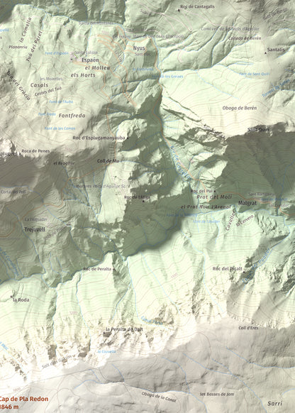 Mapa de relieve de Cap de Pla Redon, 1846 m, Alt Urgell, lámina 100 Cims de Trobart. Detalle de la zona superior derecha. 50 × 70 cm.