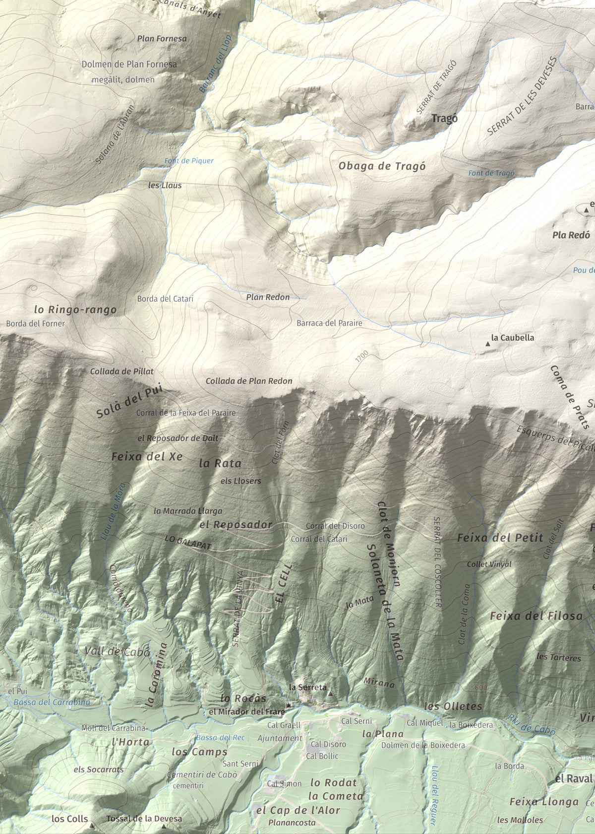 Mapa de relieve de Cap de Pla Redon, 1846 m, Alt Urgell, lámina 100 Cims de Trobart. Detalle de la zona inferior izquierda. 50 × 70 cm.