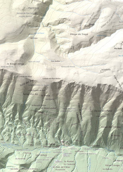 Mapa de relieve de Cap de Pla Redon, 1846 m, Alt Urgell, lámina 100 Cims de Trobart. Detalle de la zona inferior izquierda. 50 × 70 cm.