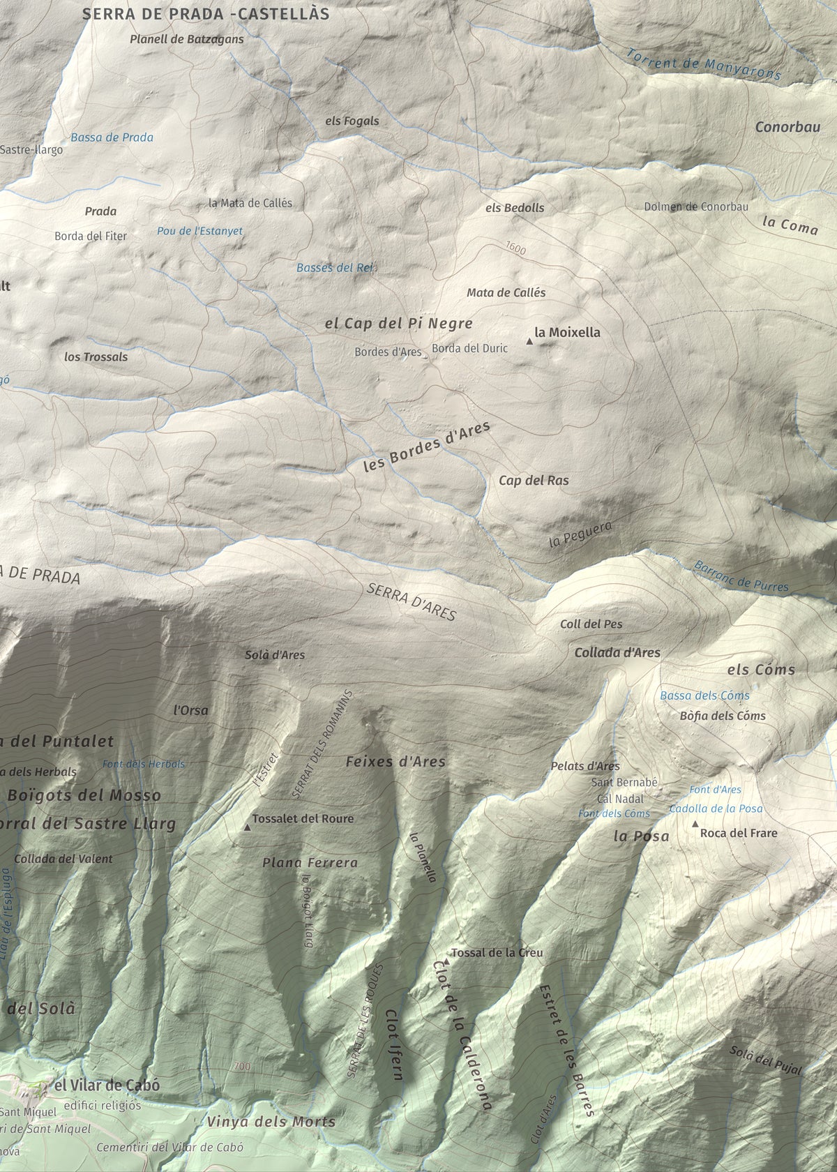 Mapa de relieve de Cap de Pla Redon, 1846 m, Alt Urgell, lámina 100 Cims de Trobart. Detalle de la zona inferior derecha. 50 × 70 cm.