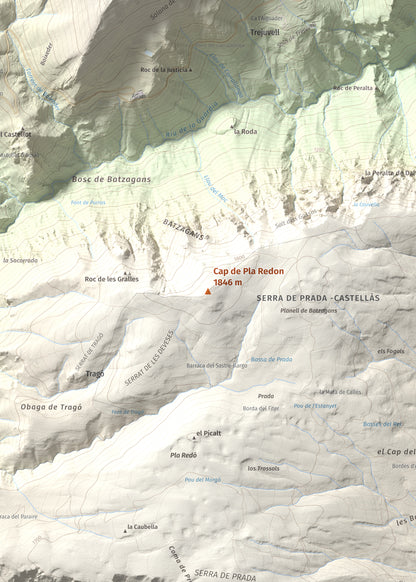 Mapa de relieve de Cap de Pla Redon, 1846 m, Alt Urgell, lámina 100 Cims de Trobart. Detalle de la zona central. 50 × 70 cm.