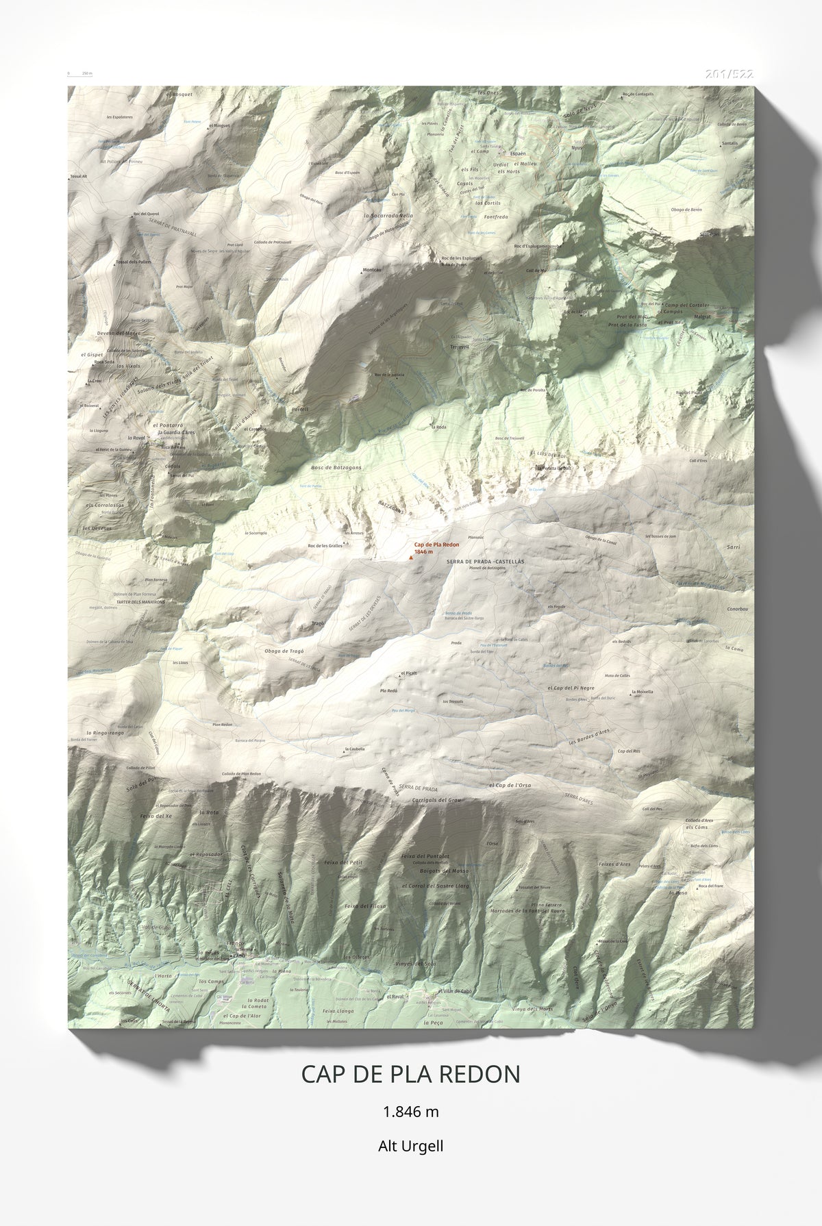Mapa de relieve de Cap de Pla Redon, 1846 m, Alt Urgell, lámina 100 Cims de Trobart 61 × 91 cm.