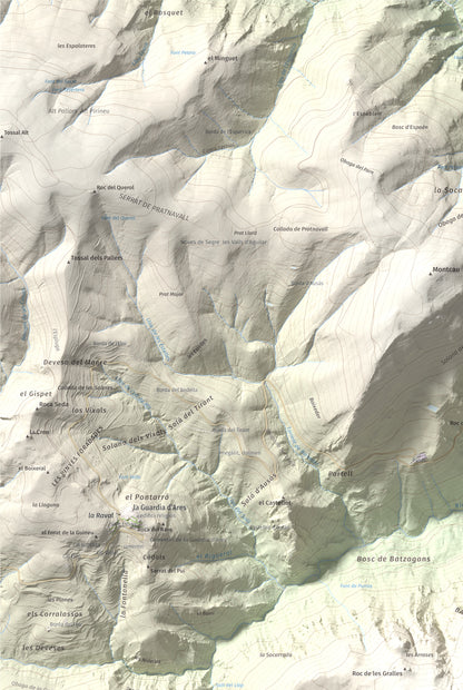 Mapa de relieve de Cap de Pla Redon, 1846 m, Alt Urgell, lámina 100 Cims de Trobart. Detalle de la zona superior izquierda. 61 × 91 cm.
