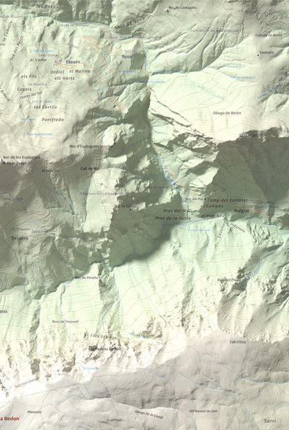 Mapa de relieve de Cap de Pla Redon, 1846 m, Alt Urgell, lámina 100 Cims de Trobart. Detalle de la zona superior derecha. 61 × 91 cm.