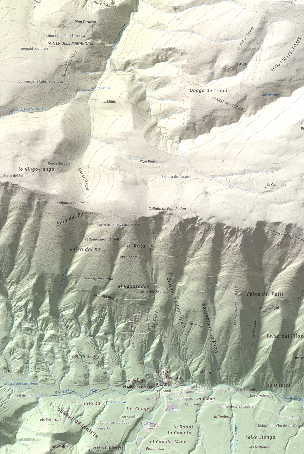 Mapa de relieve de Cap de Pla Redon, 1846 m, Alt Urgell, lámina 100 Cims de Trobart. Detalle de la zona inferior izquierda. 61 × 91 cm.