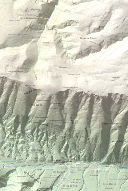Mapa de relieve de Cap de Pla Redon, 1846 m, Alt Urgell, lámina 100 Cims de Trobart. Detalle de la zona inferior izquierda. 61 × 91 cm.