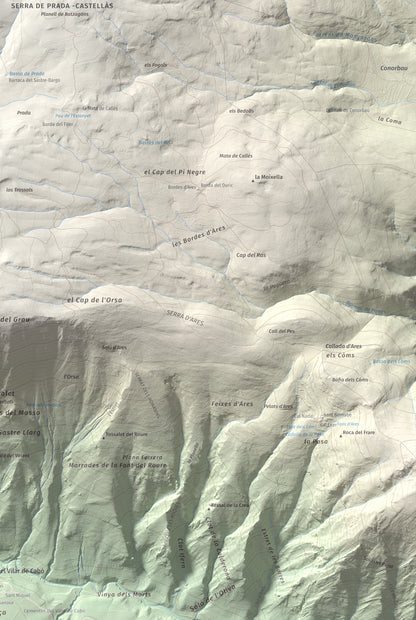 Mapa de relieve de Cap de Pla Redon, 1846 m, Alt Urgell, lámina 100 Cims de Trobart. Detalle de la zona inferior derecha. 61 × 91 cm.