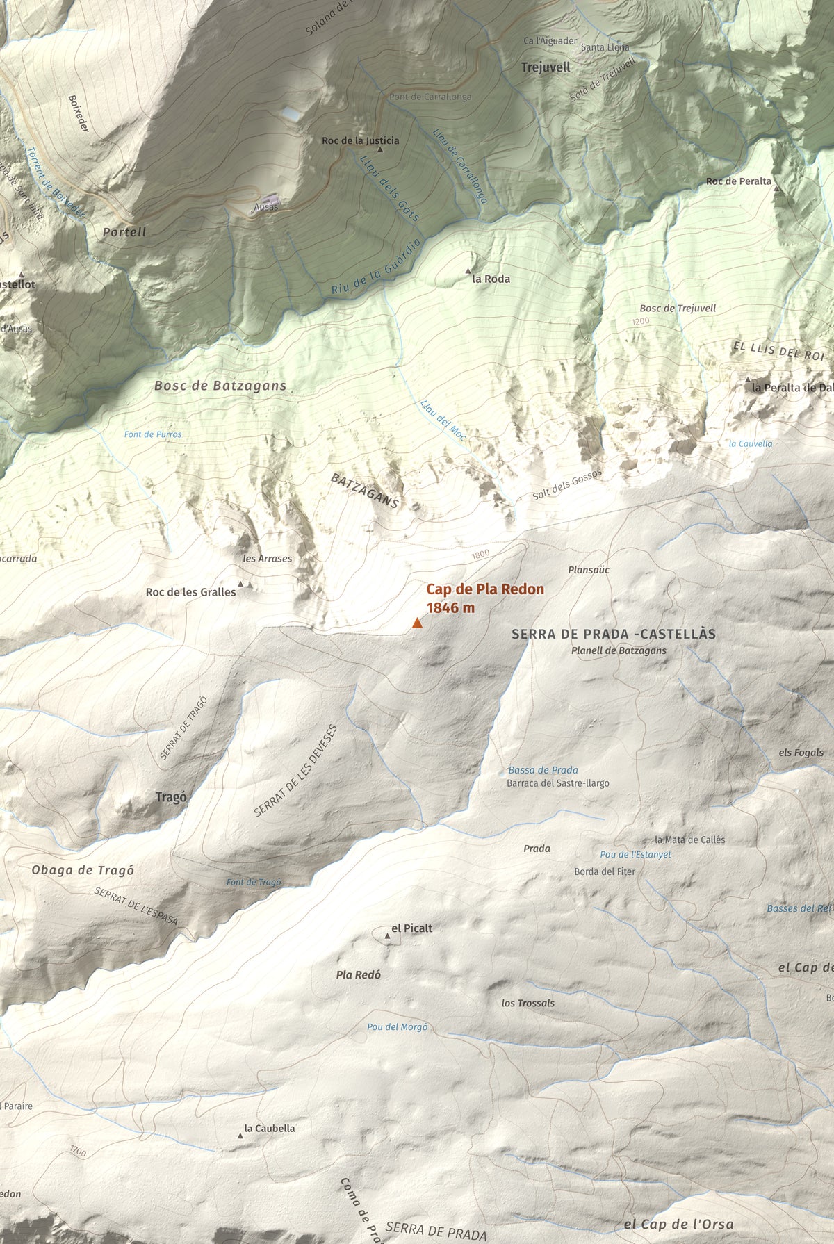 Mapa de relieve de Cap de Pla Redon, 1846 m, Alt Urgell, lámina 100 Cims de Trobart. Detalle de la zona central. 61 × 91 cm.