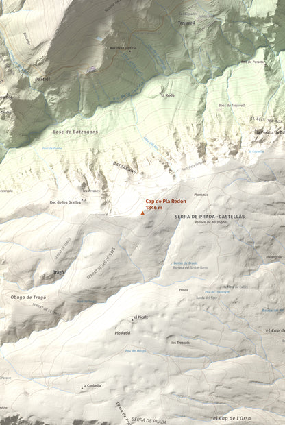 Mapa de relieve de Cap de Pla Redon, 1846 m, Alt Urgell, lámina 100 Cims de Trobart. Detalle de la zona central. 61 × 91 cm.