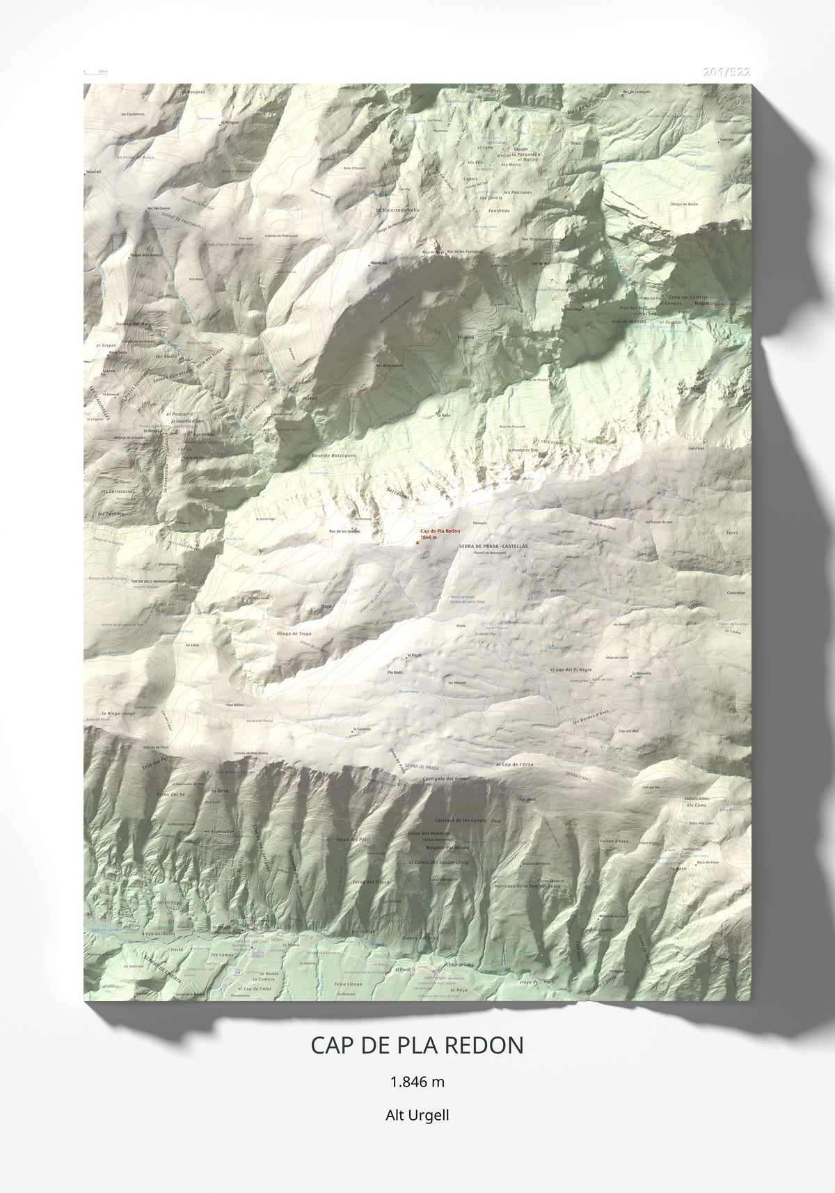 Mapa de relieve de Cap de Pla Redon, 1846 m, Alt Urgell, lámina 100 Cims de Trobart 70 × 100 cm.