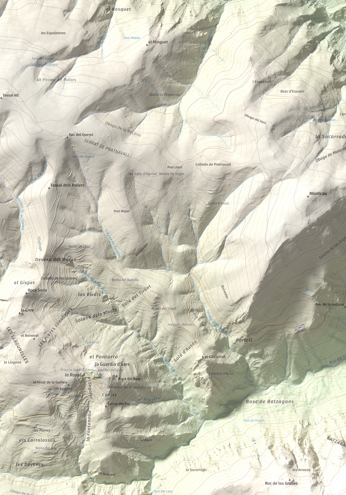 Mapa de relieve de Cap de Pla Redon, 1846 m, Alt Urgell, lámina 100 Cims de Trobart. Detalle de la zona superior izquierda. 70 × 100 cm.