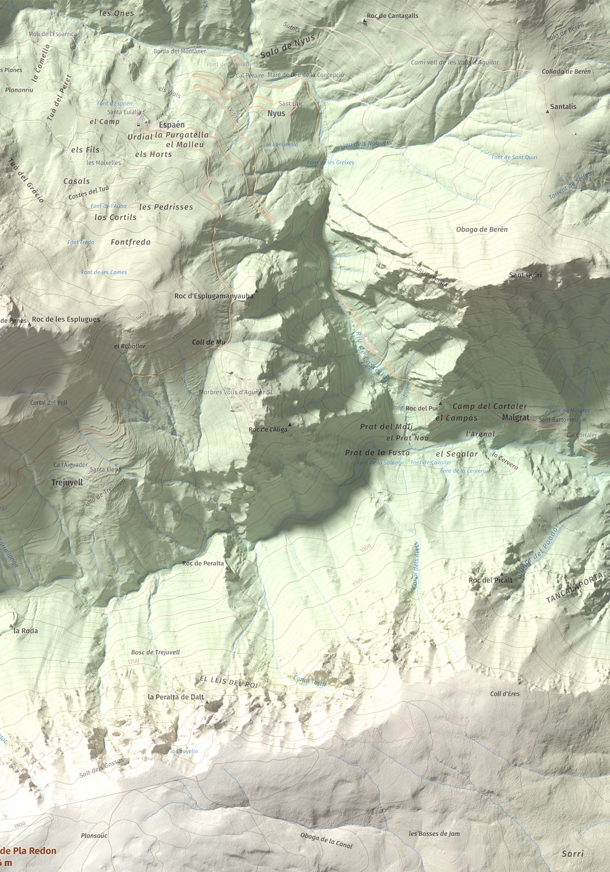 Mapa de relieve de Cap de Pla Redon, 1846 m, Alt Urgell, lámina 100 Cims de Trobart. Detalle de la zona superior derecha. 70 × 100 cm.