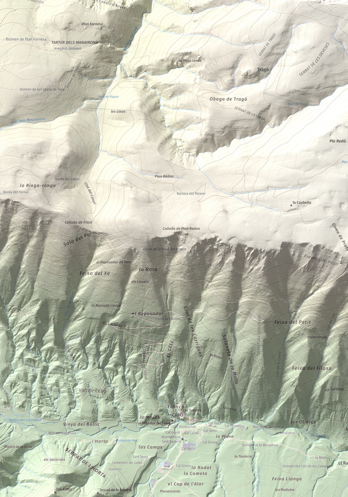 Mapa de relieve de Cap de Pla Redon, 1846 m, Alt Urgell, lámina 100 Cims de Trobart. Detalle de la zona inferior izquierda. 70 × 100 cm.