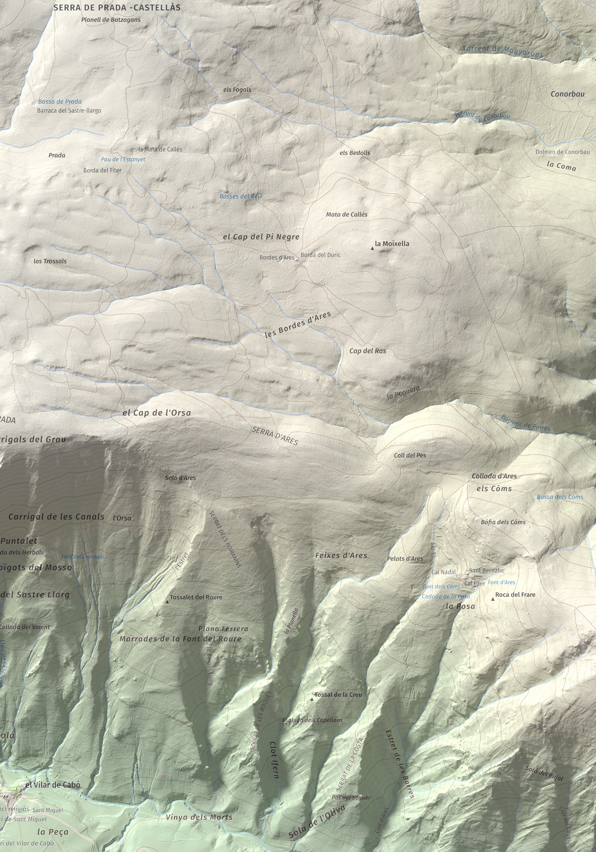 Mapa de relieve de Cap de Pla Redon, 1846 m, Alt Urgell, lámina 100 Cims de Trobart. Detalle de la zona inferior derecha. 70 × 100 cm.
