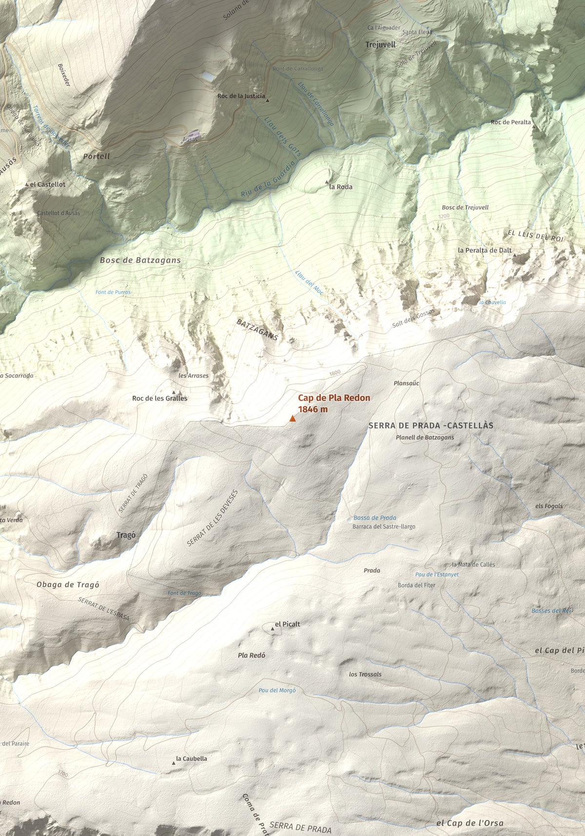 Mapa de relieve de Cap de Pla Redon, 1846 m, Alt Urgell, lámina 100 Cims de Trobart. Detalle de la zona central. 70 × 100 cm.
