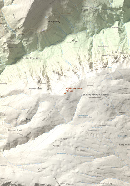 Mapa de relieve de Cap de Pla Redon, 1846 m, Alt Urgell, lámina 100 Cims de Trobart. Detalle de la zona central. 70 × 100 cm.
