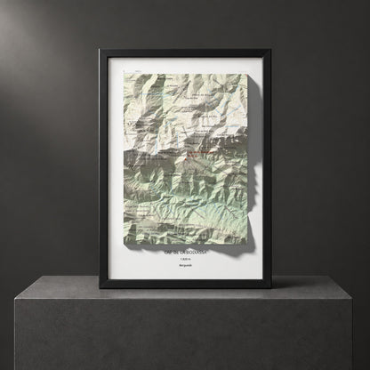 Mapa de relieve de Cap de la Boixassa, 1820 m, Berguedà, lámina 100 Cims de Trobart. Presentación enmarcada. 21 × 30 cm.